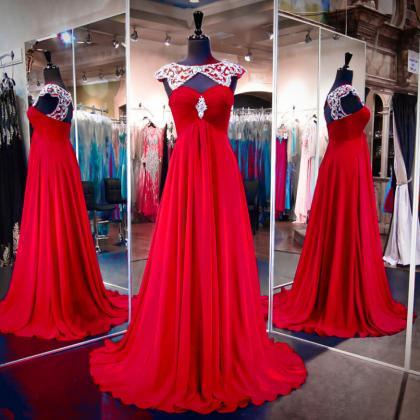 Red Scoop Beaded Ruched Chiffon A-line Long Prom..