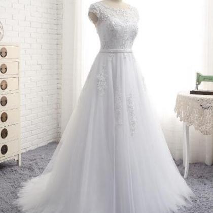 Charming White A Line Prom Dresses Tulle Cap..