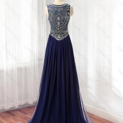 Floor-length Royal Blue A-line Round Neck Chiffon Beaded Long Prom Dress S13270