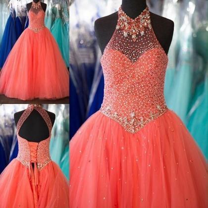 Fashion Coral Prom Dresses Halter Neckline Long..