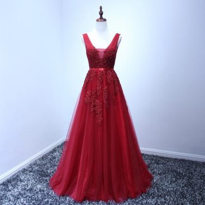 Sexy Long Lace Applique Burgundy Tulle Prom..