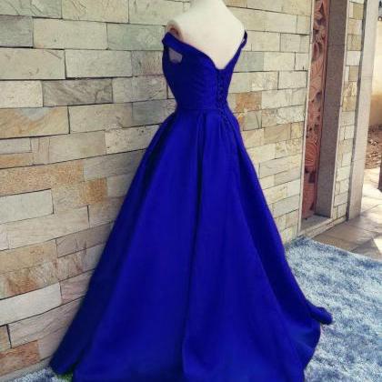 Charming Royal Blue A Line Prom Dresses Satin Off..