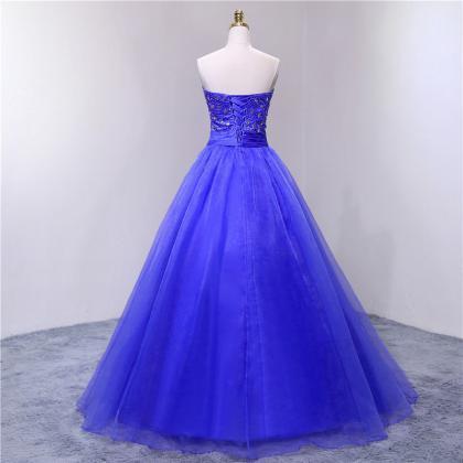 Blue Strapless Organza Long Prom Dress With..