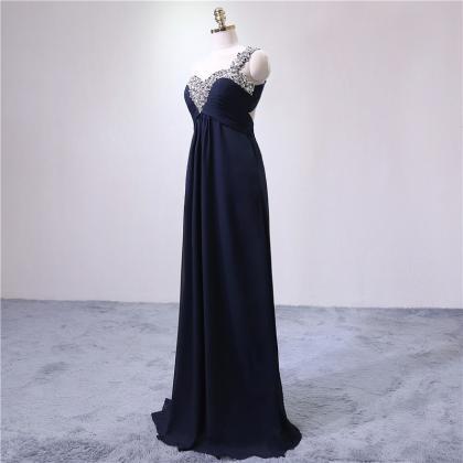 Navy Blue One Shoulder Long Prom Dress With Beaded..