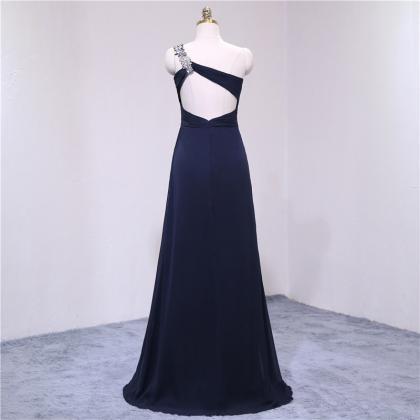 Navy Blue One Shoulder Long Prom Dress With Beaded One Shoulder And ...