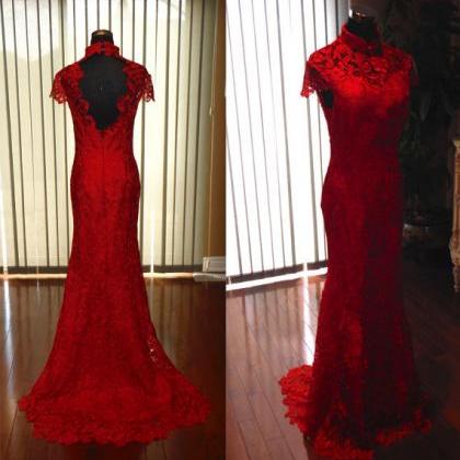 Red Wedding Dress, Sexy Cap Sleeve Backless..