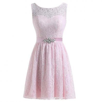 Short Pink Lace Homecoming Dress With Sheer Bateau..
