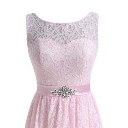 Short Pink Lace Homecoming Dress With Sheer Bateau..