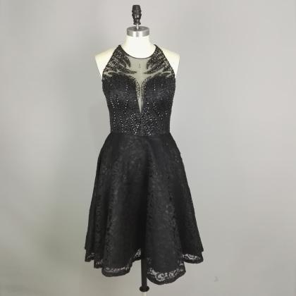 Black Beaded Lace Homecoming Dress,sexy Black..