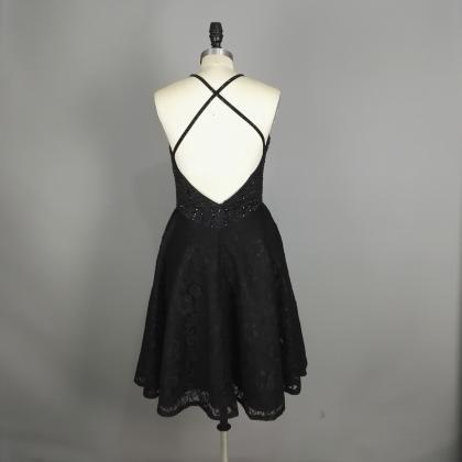 Black Beaded Lace Homecoming Dress,sexy Black..