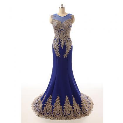 Royal Blue Applique Mermaid Prom Dresses Sheer..
