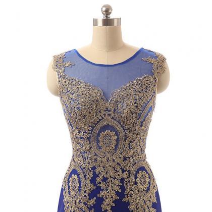 Royal Blue Applique Mermaid Prom Dresses Sheer..