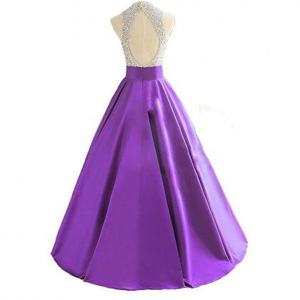 Charming Purple A Line Prom Dresses Satin Beading..
