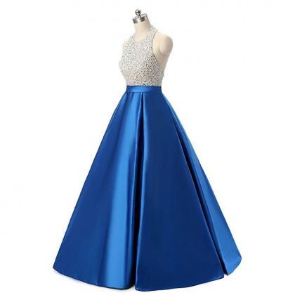 Sexy Royal Blue Ball Gown Prom Dresses Satin Beading Backless Evening ...