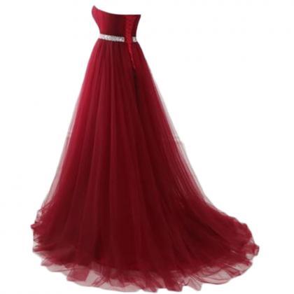 Stunning Long Burgundy Tulle Prom Dresses..