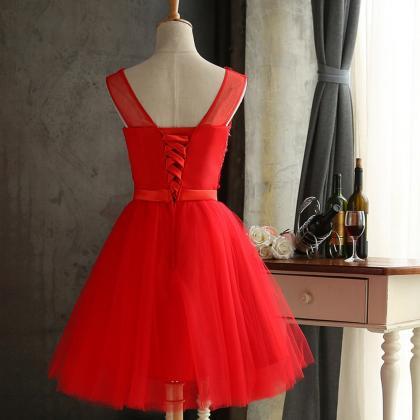 Short Tulle Prom Dress With Belt And Rhinestone..