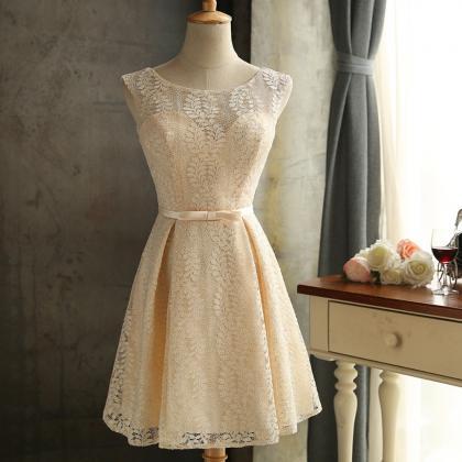 Charming Champagne Lace Short Bridesmaid Dress..