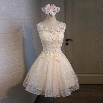 Charming Champagne Lace Short Prom Dresses ,..
