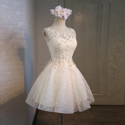 Charming Champagne Lace Short Prom Dresses ,..