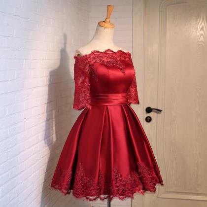 Short Half Sleeve Burgundy Satin Evening Dress ,..