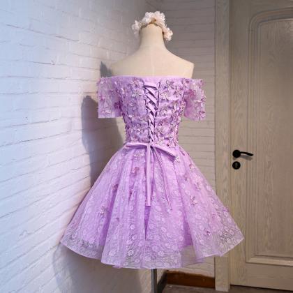 Floral Purple V Neck Short Prom Dresses ,..