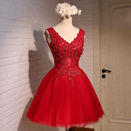 Lace Applique Burgundy V Neck Short Prom Dresses ,..