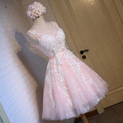 Pink Lace Short Prom Dresses, Tulle Graduation..