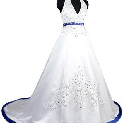 Royal Blue Wedding Dresses Long New Satin Halter Beaded Sequined Chapel ...