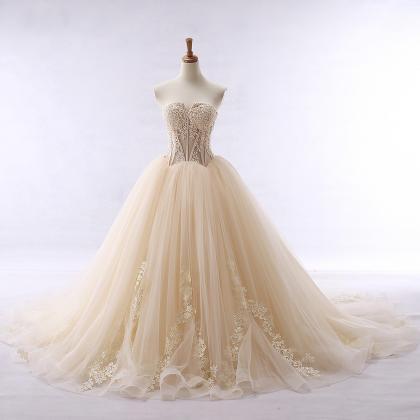 Sexy Long Lace Applique Champagne Tulle Prom..