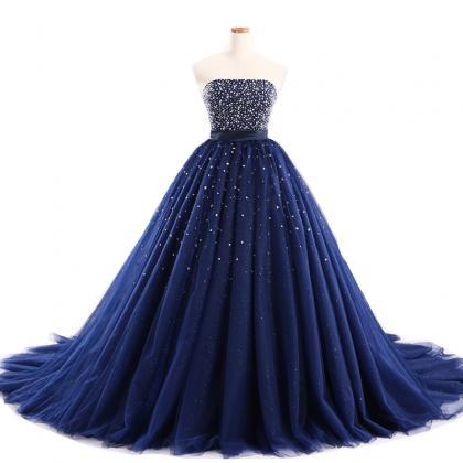 Luxury Dark Navy Blue Ball Gown Prom Dresses Tulle..