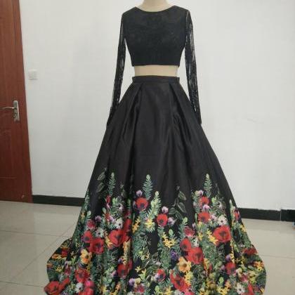 Long Elegant Black Two Piece Prom Dresses With..