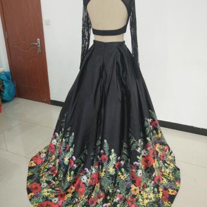 Long Elegant Black Two Piece Prom Dresses With..