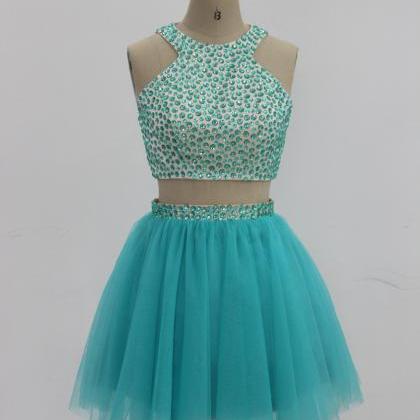Turquoise Halter Beaded Two-piece Tulle Short..