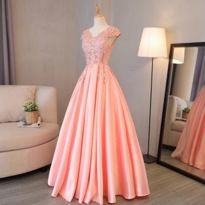 Pink Cap Sleeve V Neck Satin A Line Prom Dress..