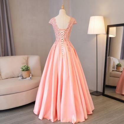 Pink Cap Sleeve V Neck Satin A Line Prom Dress..