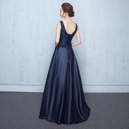 2017 Long Satin Navy Blue A Line Prom Dress With V..