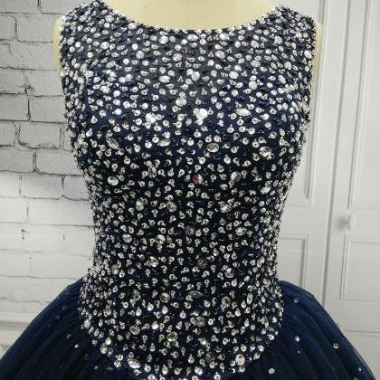Floor Length Navy Blue Backless Ball Gown Formal..