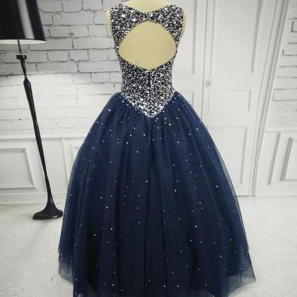 Floor Length Navy Blue Backless Ball Gown Formal..