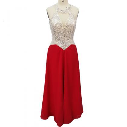 Long Red Chiffon A Line Prom Dresses With Beaded..