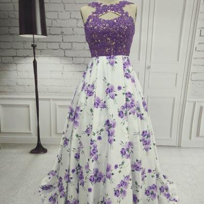 Long Purple A Line Prom Dresses With Lace Applique..