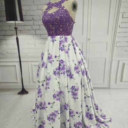 Long Purple A Line Prom Dresses With Lace Applique..