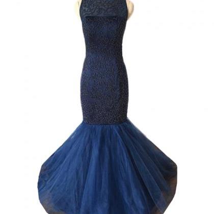 Floor Length Navy Blue Mermaid Prom Dress..