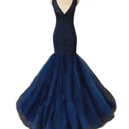 Floor Length Navy Blue Mermaid Prom Dress..