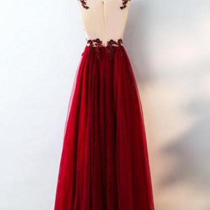 Luxury Burgundy Lace Applique A Line Prom Dress..