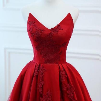 Charming Red Ball Gown Prom Dresses Satin V Neck..