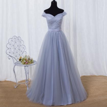 Fashion Tulle Floor Length V Neck Blue Prom Dress..