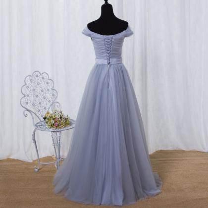 Fashion Tulle Floor Length V Neck Blue Prom Dress..