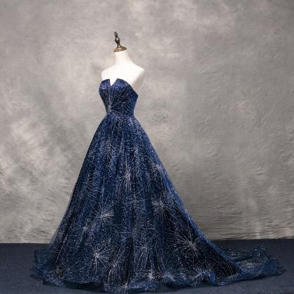Luxury Long Navy Blue Beaded Prom Dresses..