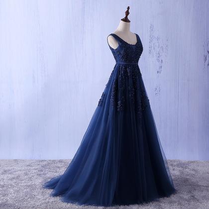 Long Elegant Navy Blue Lace Applique Tulle Prom..