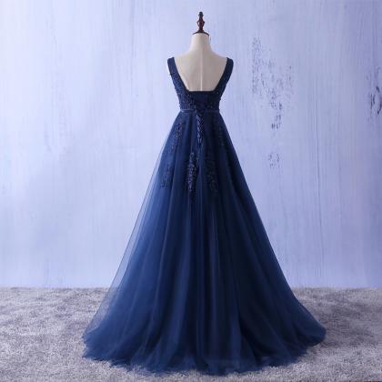 Long Elegant Navy Blue Lace Applique Tulle Prom..